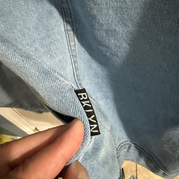 Brooklyn Cloth Light Blue Denim Moto Jacket with Checkered Sleeves - Picture 5 of 6